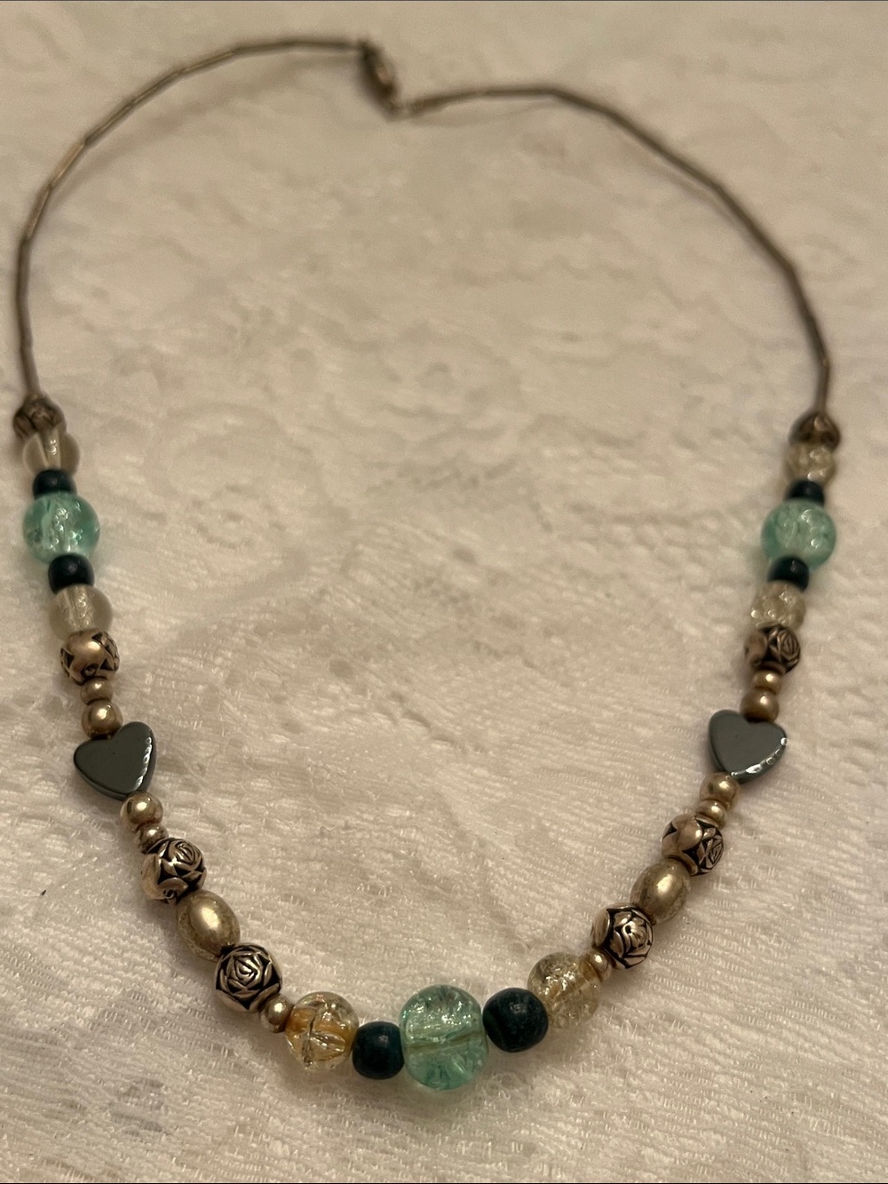 Women’s Beaded Heart Necklace in Teal and Gold